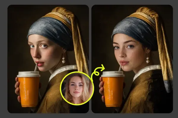 AI face swap placing a face into a classical oil painting