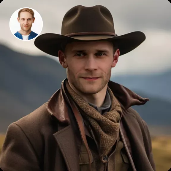 AI face swap result placing a new face on a cowboy portrait