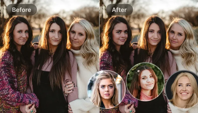 Multi-person AI face swap replacing several faces in one group photo