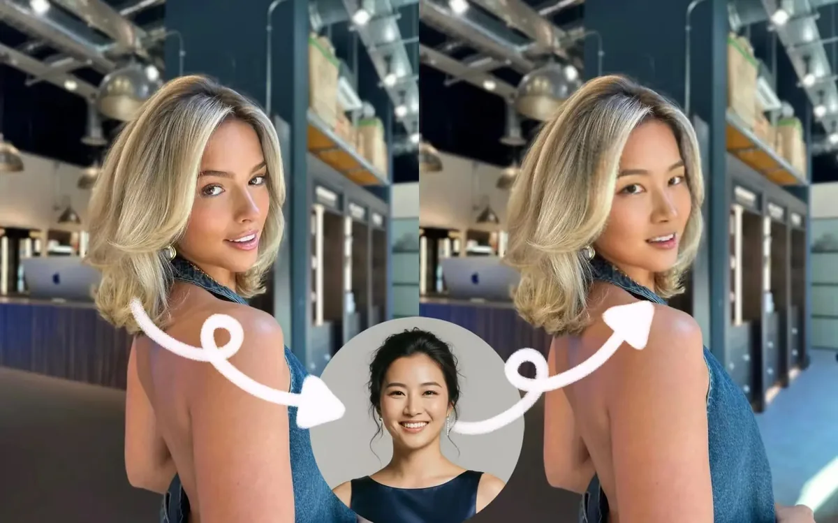 AI face swap result: a studio portrait with a different face blended in, matched lighting and skin tone