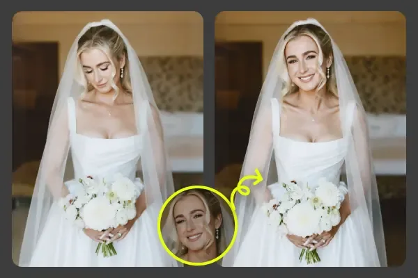 AI face swap fixing a bride’s expression in a wedding photo